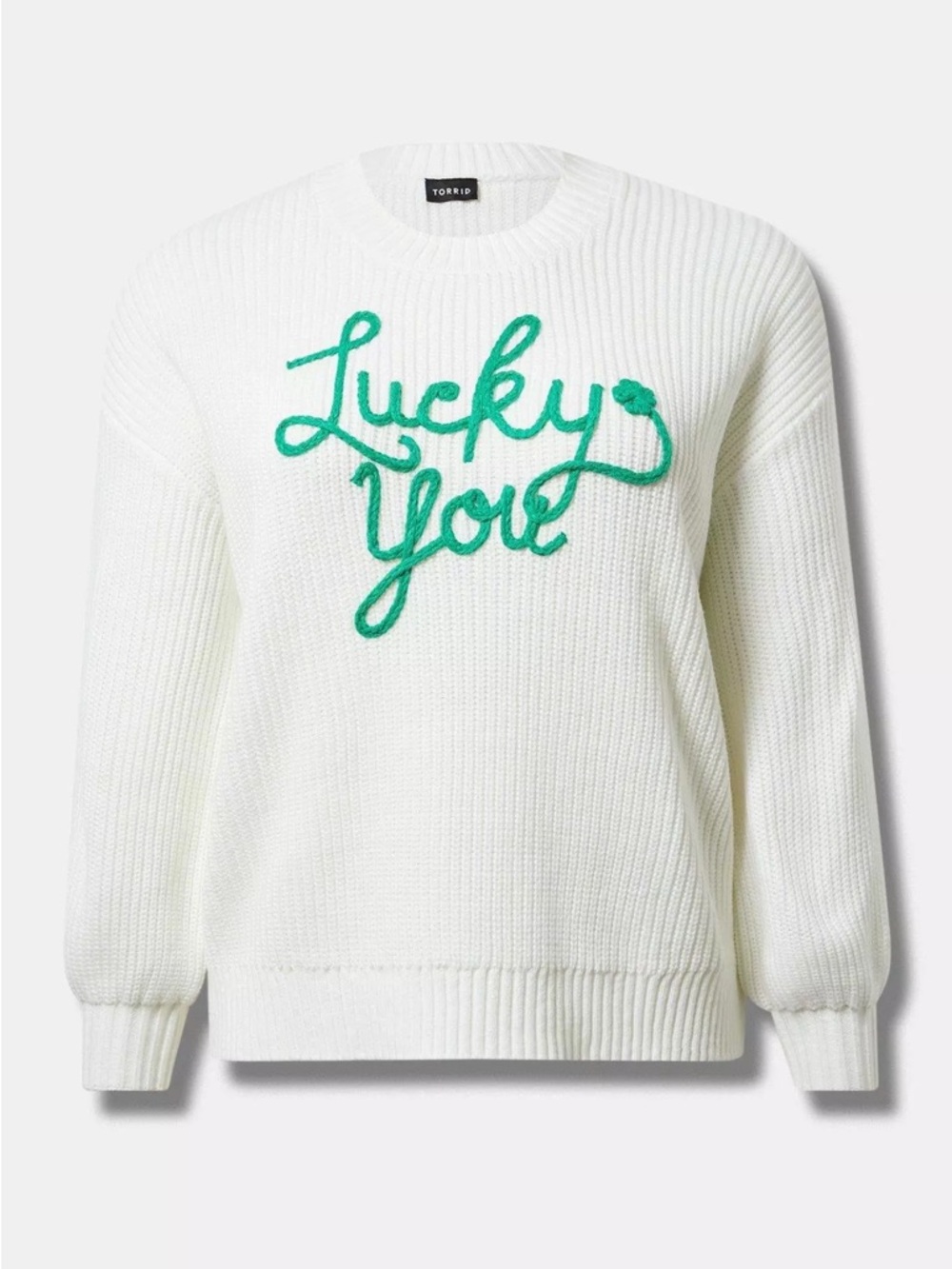 torrid White Crewneck Sweater with Green 'Lucky You' Embroidery Plus Size 3x